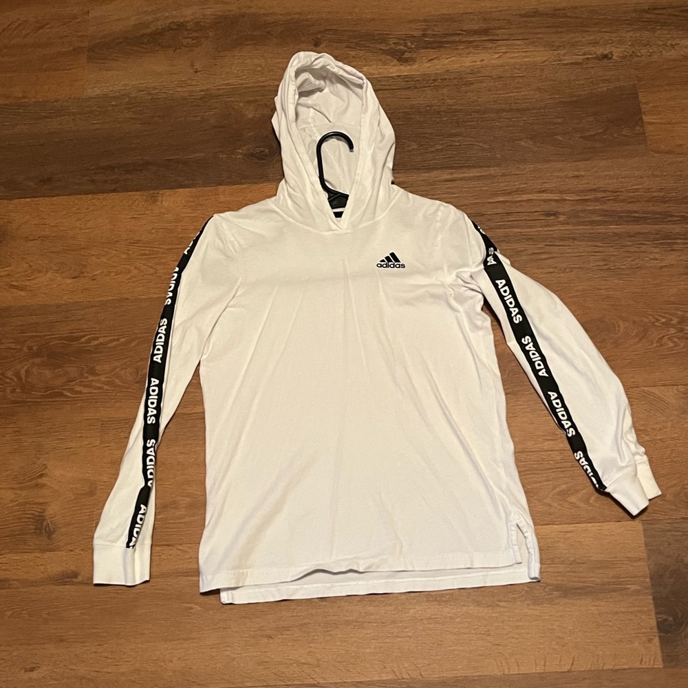 Youth medium Adidas white long sleeve shirt with hood.